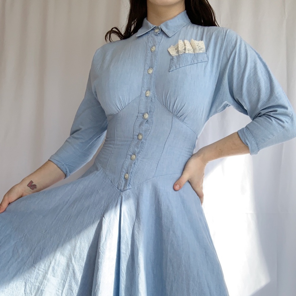 Vintage 70s Light Denim Corset Cottage Core Dress - Picture 4 of 6